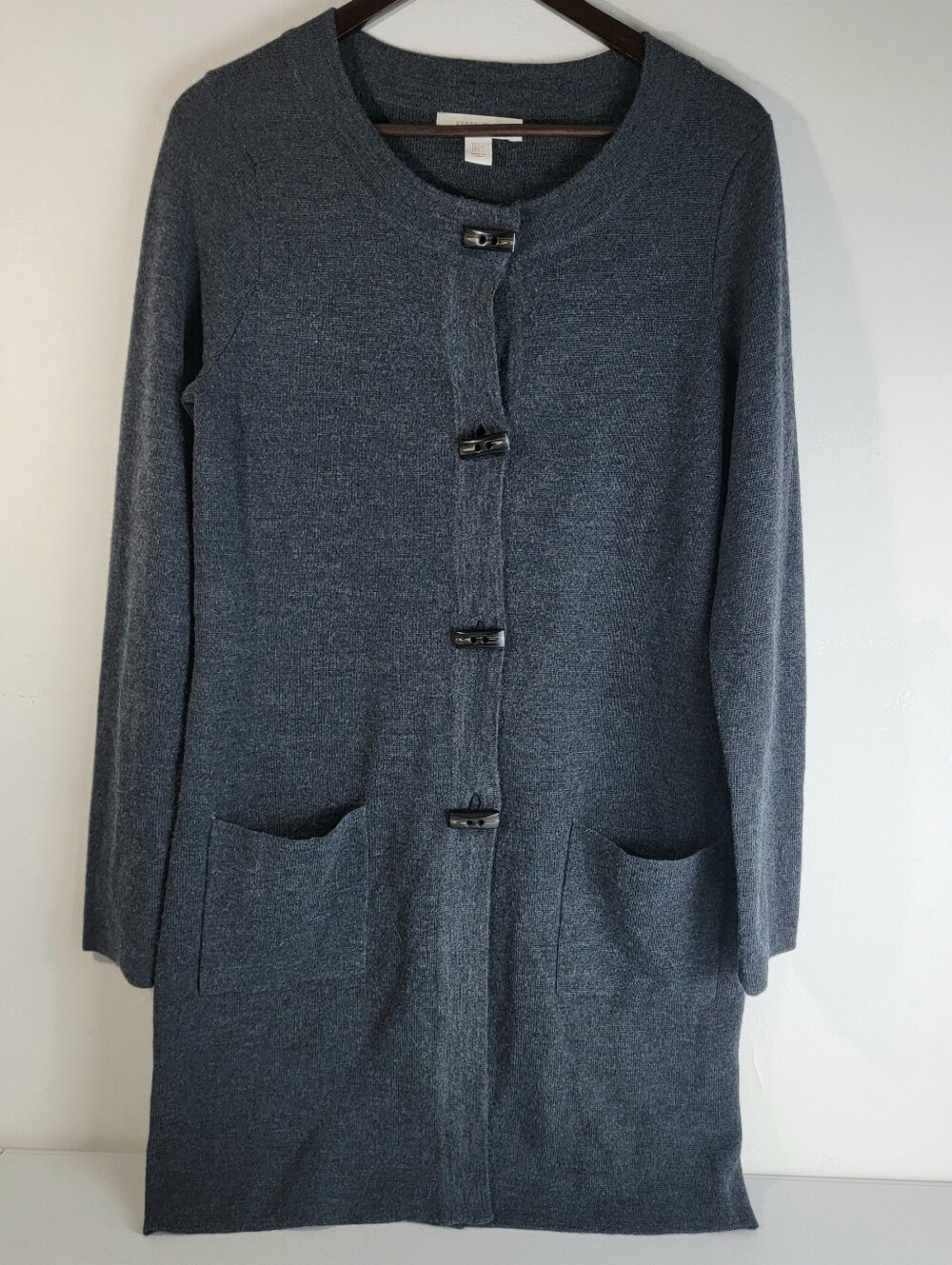 Ellen Tracy Women Sz L Merino Wool Blend Cardigan Toggle Buttons Pockets @36" L